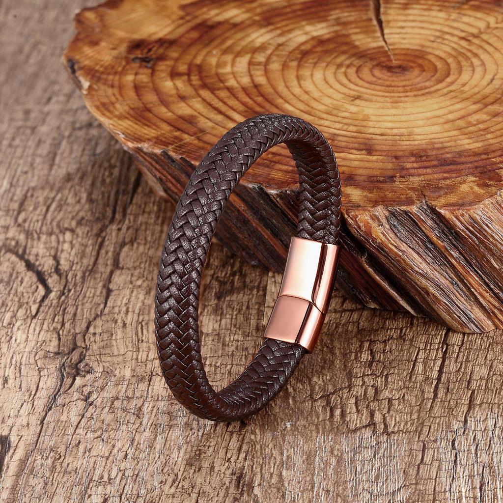 Men's Minimalist Stainless Steel & Leather Woven Bracelet Cuff