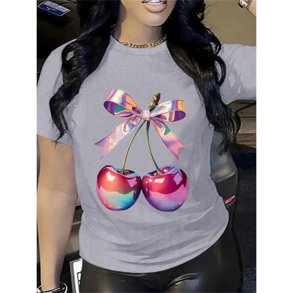 

Round Neck Summer Comfortable Stretchy Fabric Casual Outings Wear Women s Casual Short Sleeve T-Shirt Vibrant Cherry Breathable XS