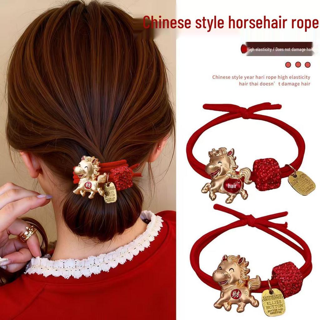 High Elasticity Year of the Horse Red Zodiac Hair Tie for Girls - Festive New Year Hair Accessory