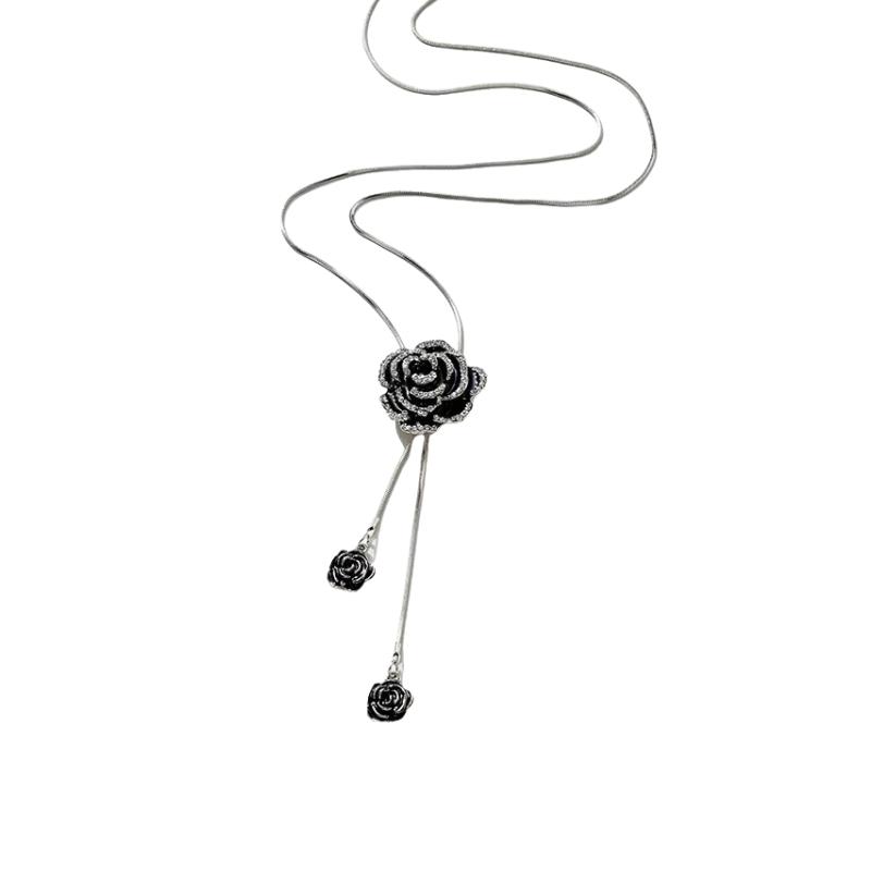 Fashion Black Rose Flower Long Necklace Sweater Chain Metal Crystal Pendant Necklaces Adjusted
