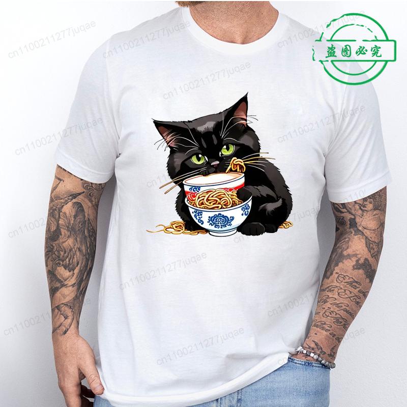 Ramen Cat Tshirt for Women Men Japanese Style Cat Lover T-Shirt Kawaii Cartoon Short Sleeve T Shirts Mens Clothes Tee Shirt Tops