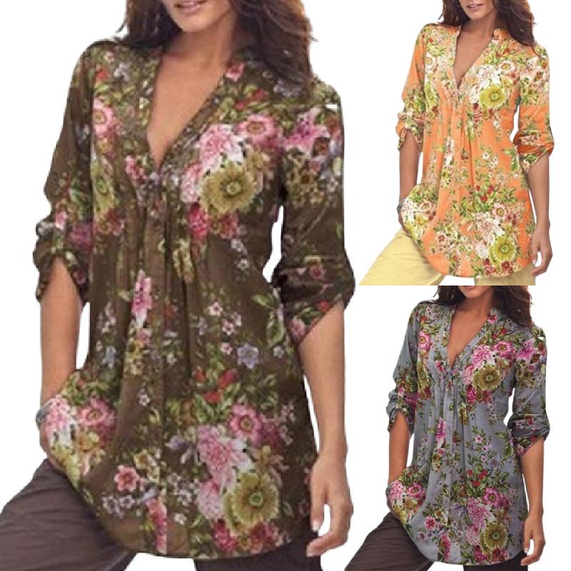 Women Tops Shirt Vintage Floral Print V Neck Tunic Tops Blouse Clothing Gift