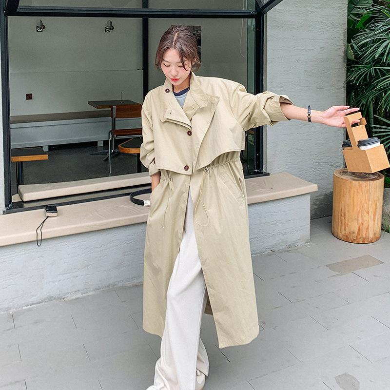 Spring Apricot Trench Coat Long Coat for Women Loose Large Size Design Drawstring Waist Trench Coat