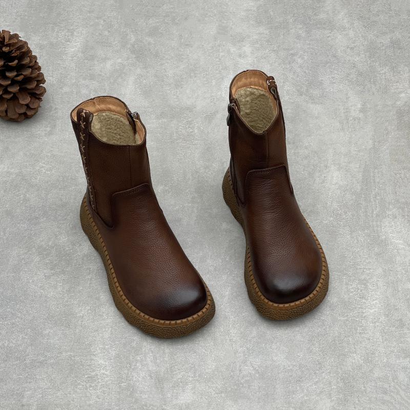 Johnature Botas Femininas Retro de Couro de Vaca Bico Redondo Quentes e de Sola Grossa Couro Genuíno Cano Médio