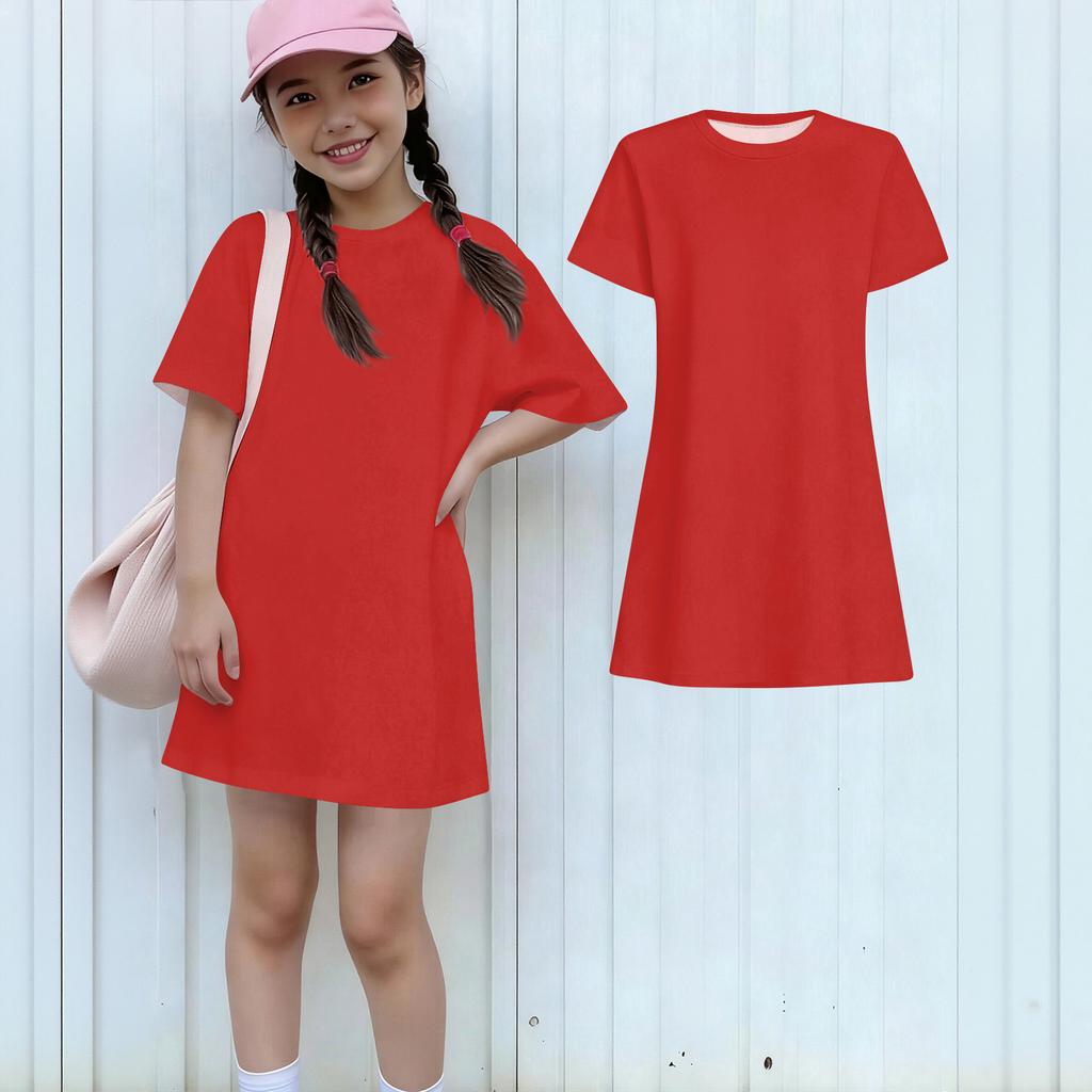 Girls Casual Sundress Kids Loose Round Neck Short Sleeve Lightweight Dress