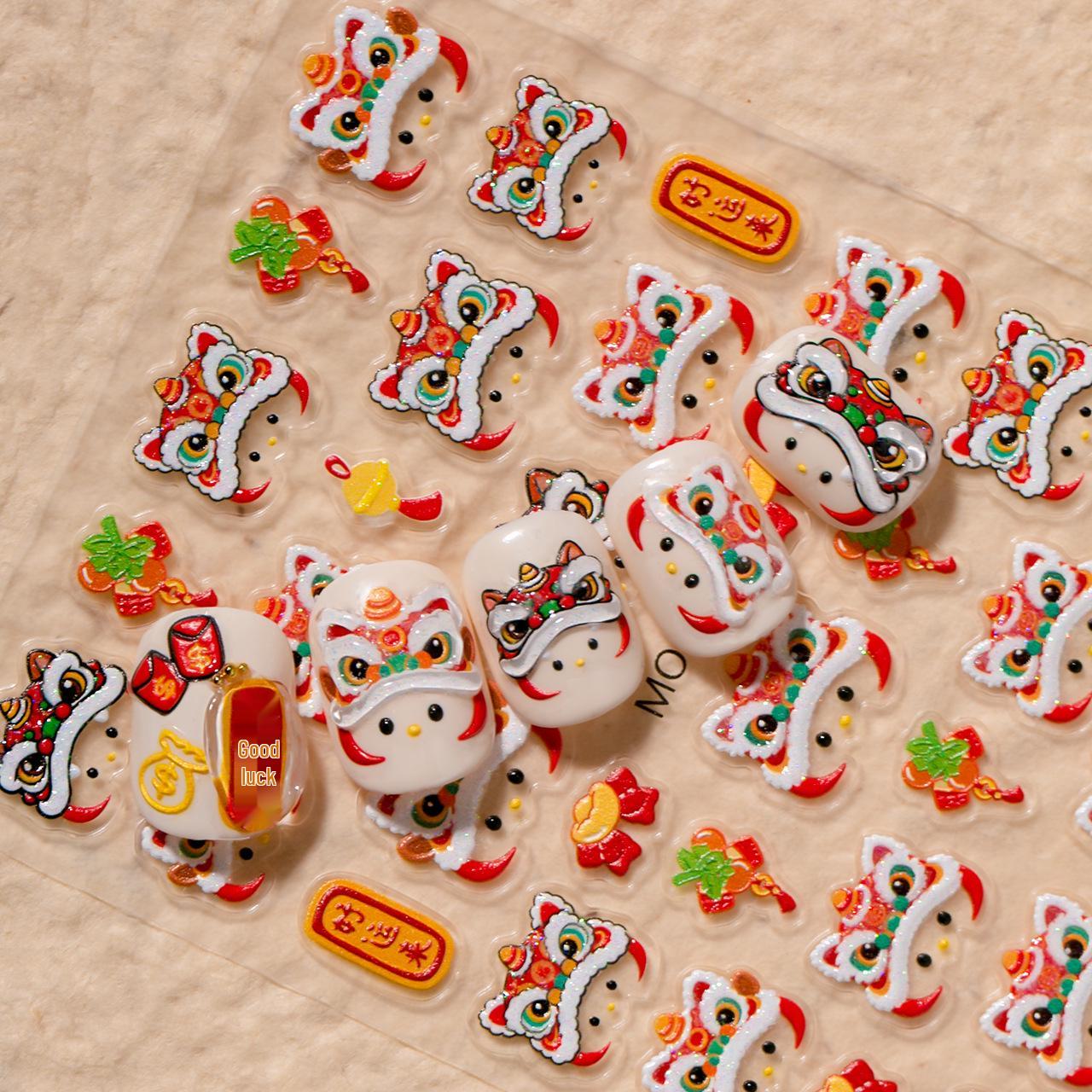 Guochao Waking Lion Stickers - Q-version Lion Head Yuanbao for Good Luck, in Red Gold White Festive Chinese Festival Style.
