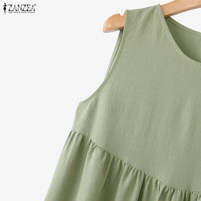ZANZEA Women Casual Round Neck Solid Color Sleeveless Long Dress