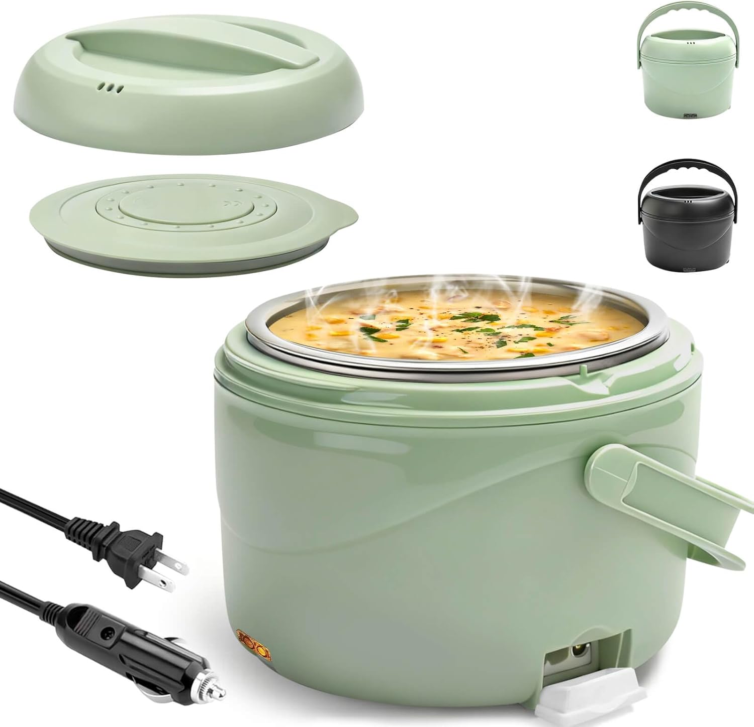 

Electric Lunch Box 40oz Portable Food Warmer 12V/24V/110V 3-in-1 Black зелений
