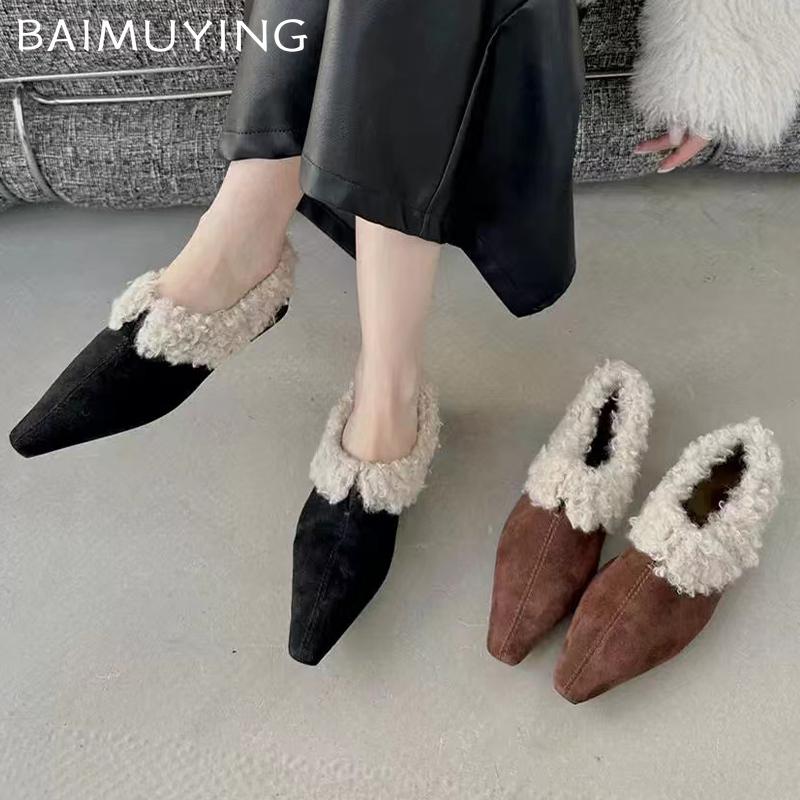 Fur Women Flats Shoes Suede Pointed Toe Sexy Shoes New Brand 2025 Trend Winter Designer Classic Fashion Dress Mujer Zapatillas
