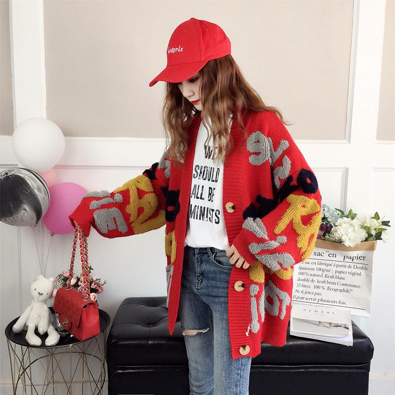 Spring Autumn Korean Style Loose Knit Cardigan - Letter Embroidery & Color Block Design