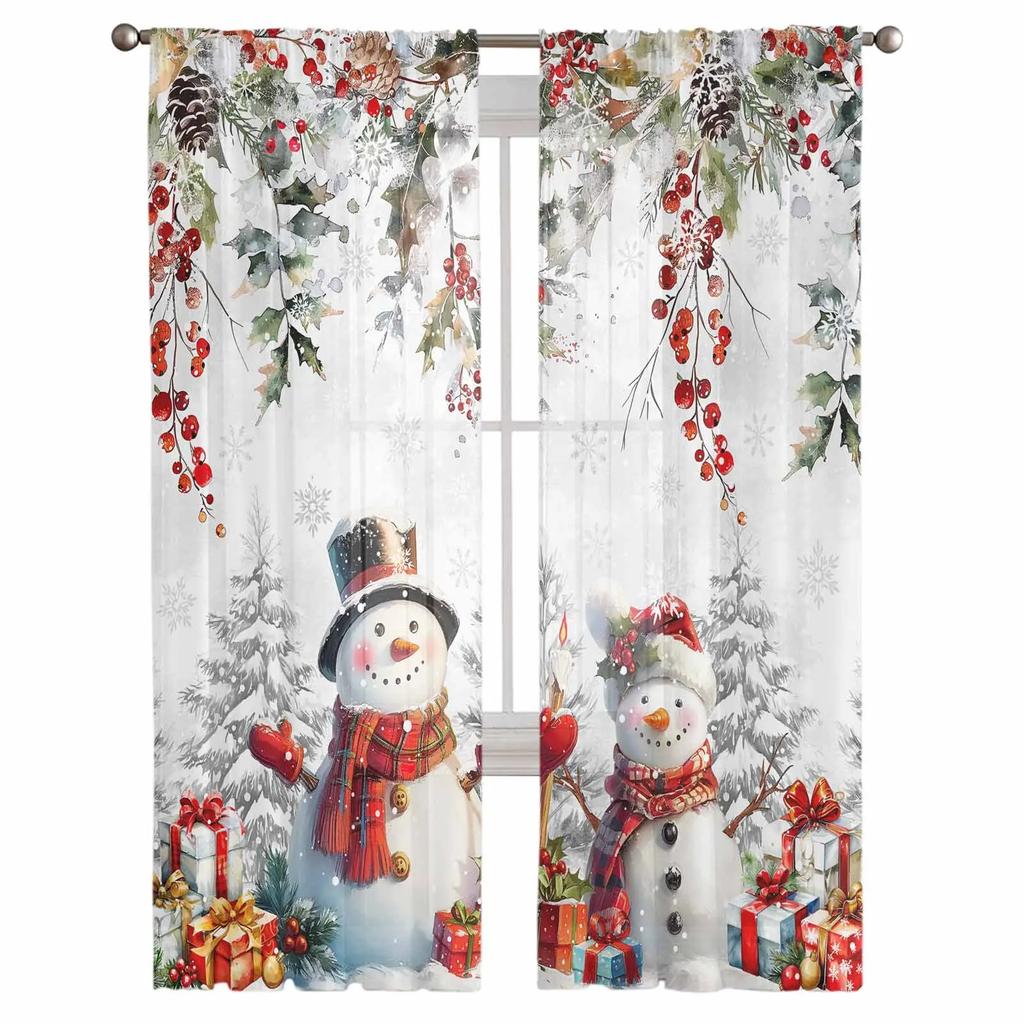 Christmas Snowman Snowflake Sheer Curtains for Living Room Decoration Window Curtains Kitchen Tulle Voile Curtains