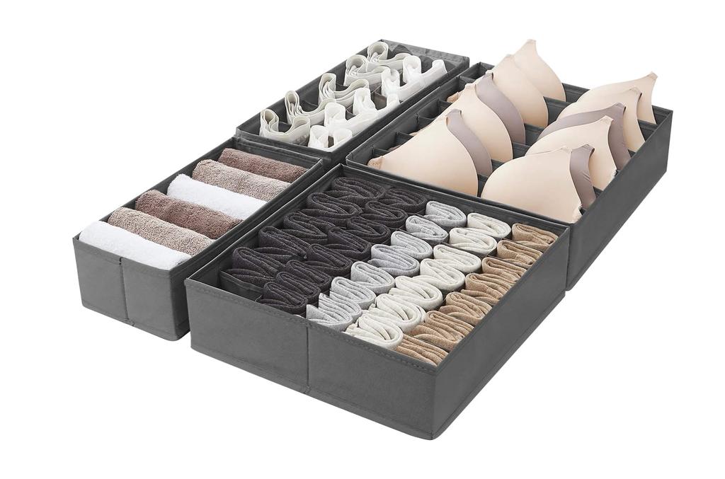 Amazon Basics Storage Box Drawer Organizer, Gray, for Dressers and Underwear, Set of 4