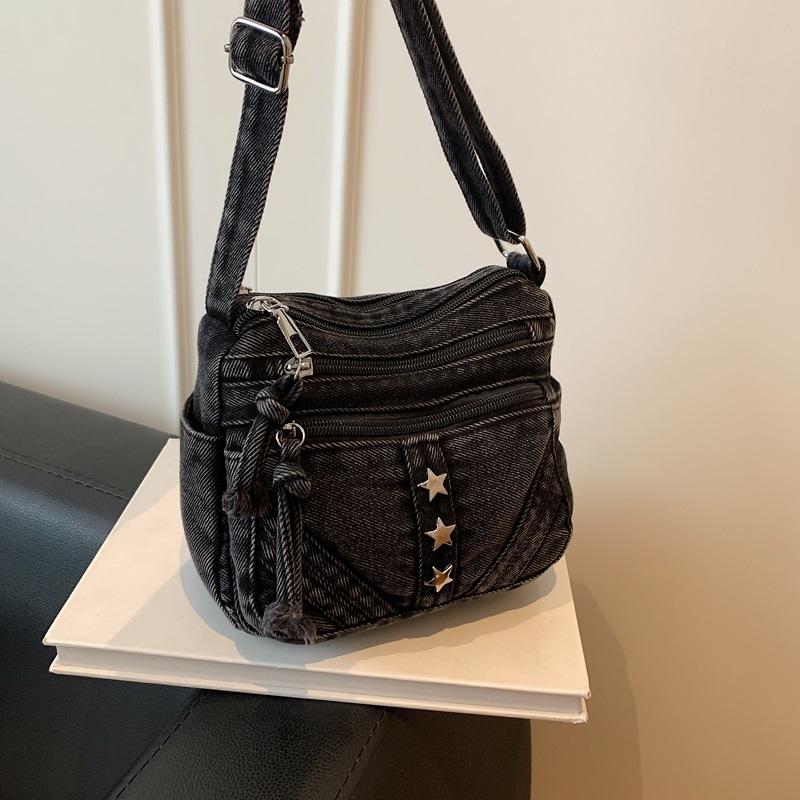 Retro Denim Crossbody Bag Multi Pocket Shoulder Purse with Star Decoration