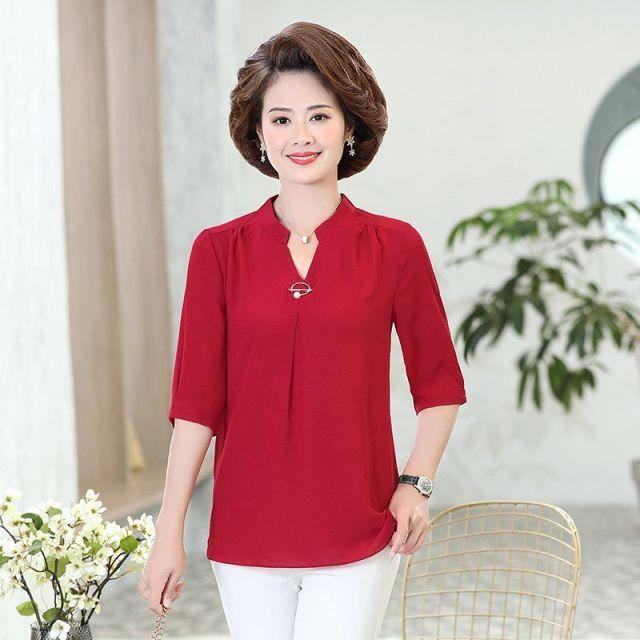 

Однотонна жіноча модна сорочка з V-подібним вирізом і половиною рукава XXL червоний