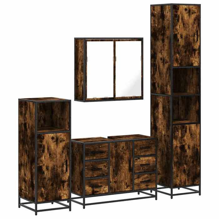 VidaXL Ensemble meubles salle de bain 4 pcs chêne fumé bois ingénierie, armoire de salle de bain, armoire de rangement de 3301202