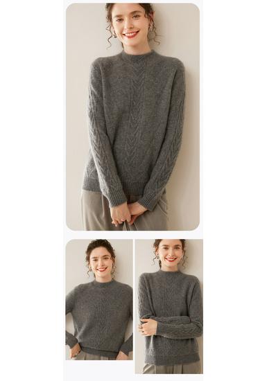 Women's Cable Knit Cashmere Pullover with Built-in Stand-up Collar Base Layer Sweater