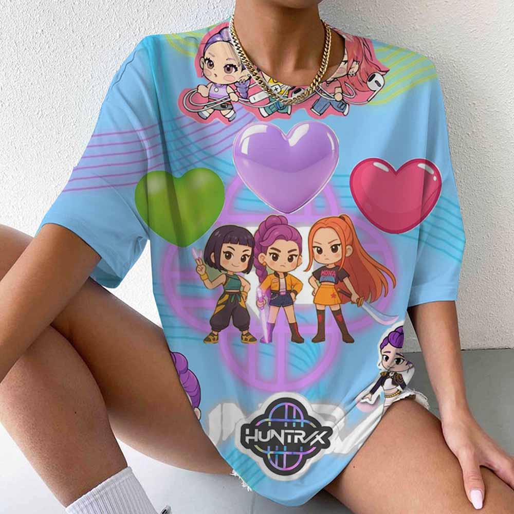 Cute Hot KPop Demon Hunters Print T-shirt Summer Casual Loose T Shirt Women Men Harajuku Shirts