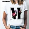 Kawaii English Alphabet Flowers Graphics Female T-Shirt 90S Summer Loose Short Sleeve Round Neck Female Tops Clothing