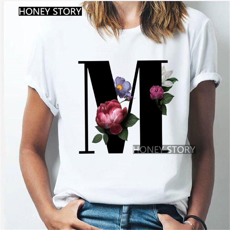Kawaii English Alphabet Flowers Graphics Female T-Shirt 90S Summer Loose Short Sleeve Round Neck Female Tops Clothing