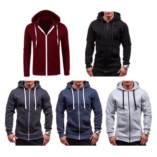 Fall Winter Men Jacket Hooded Drawstring Zip-up Long Sleeves Solid Color Cardigan Elastic Cuff Pockets Mid Length Hoodie Jacket