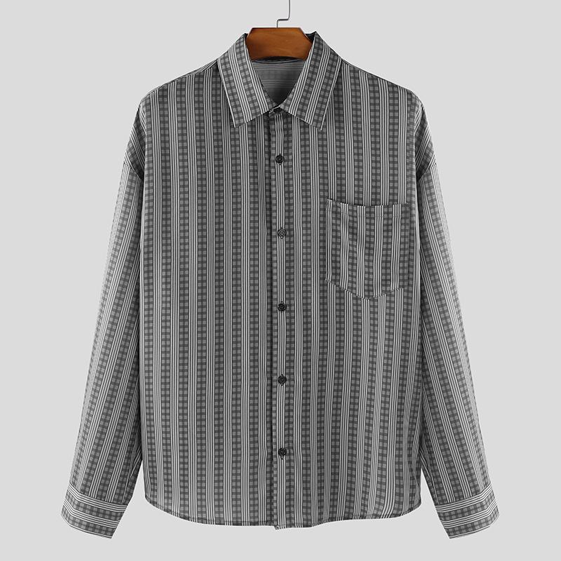 INCERUN Men Casual Loose Lapel Long Sleeve Striped Print Shirts Tops