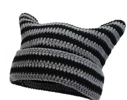 New Japanese Streetwear Harajuku Beanie Little Devil Striped Knitted Hat Women Girls Autumn Winter Cute Cat Ears Cap