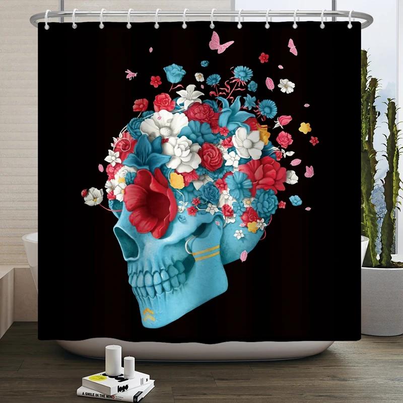 Floral Skull Shower Curtain Mushroom Gothic Halloween Bathroom Decor Curtain Skeleton Butterfly Vintage Artwork Bathtub Curtain