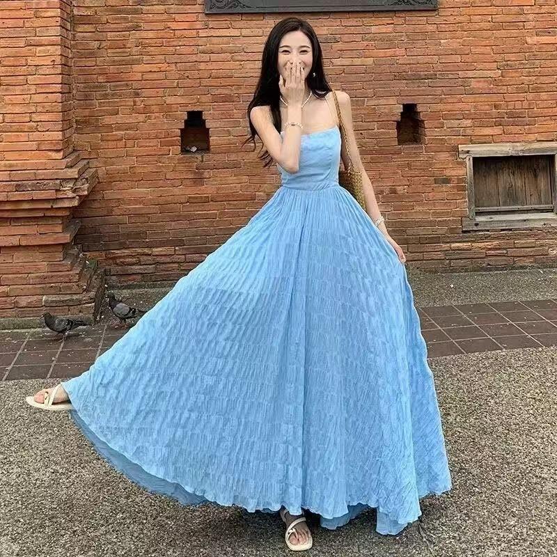 

Light blue pleated suspender skirt women s summer new pure desire vacation backless waist thin big skirt temperament 2XL небо синє кольору