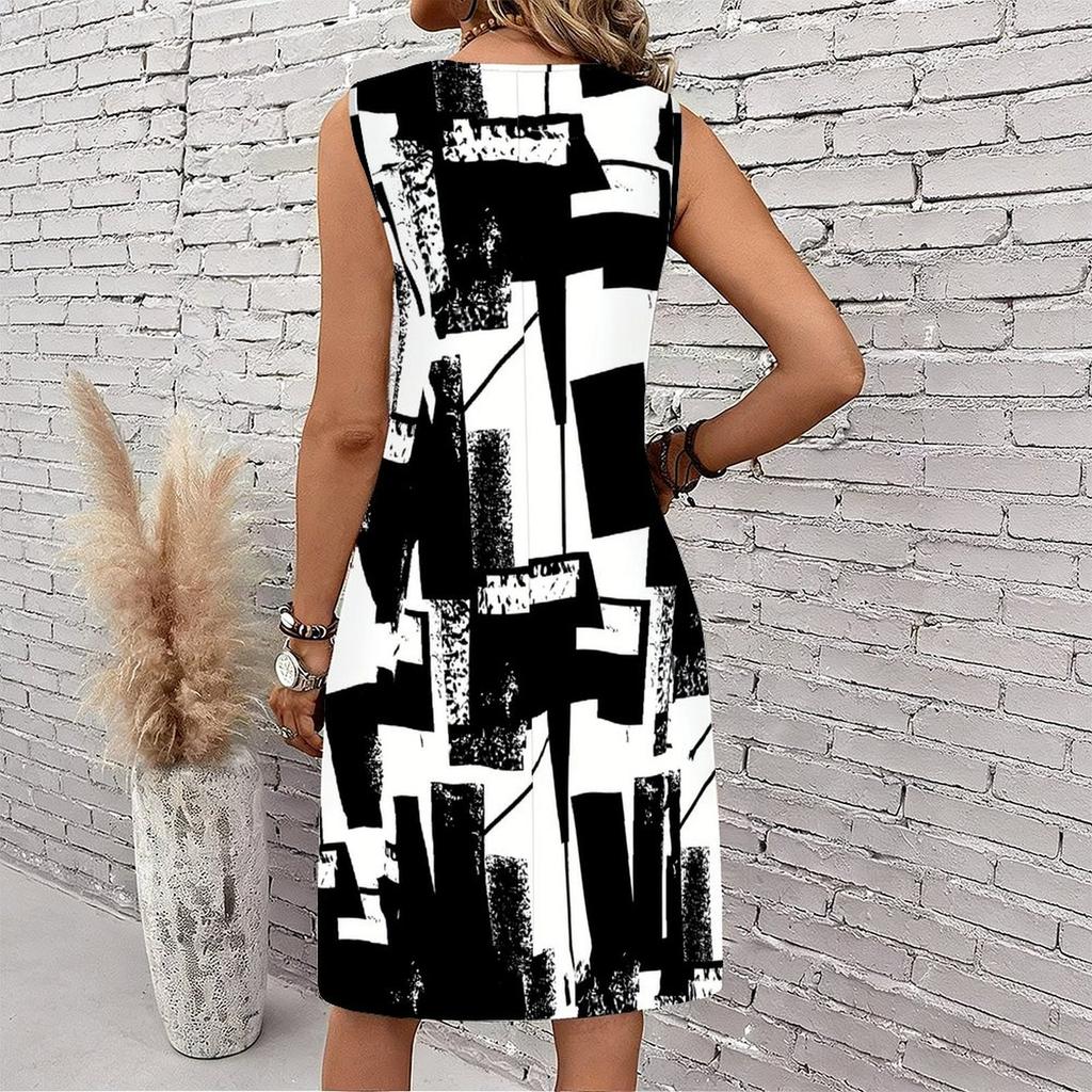 Plus Size V Neck Sleeveless Green Bamboo Valley Brook Print For Elegant Summer Daily Outfit