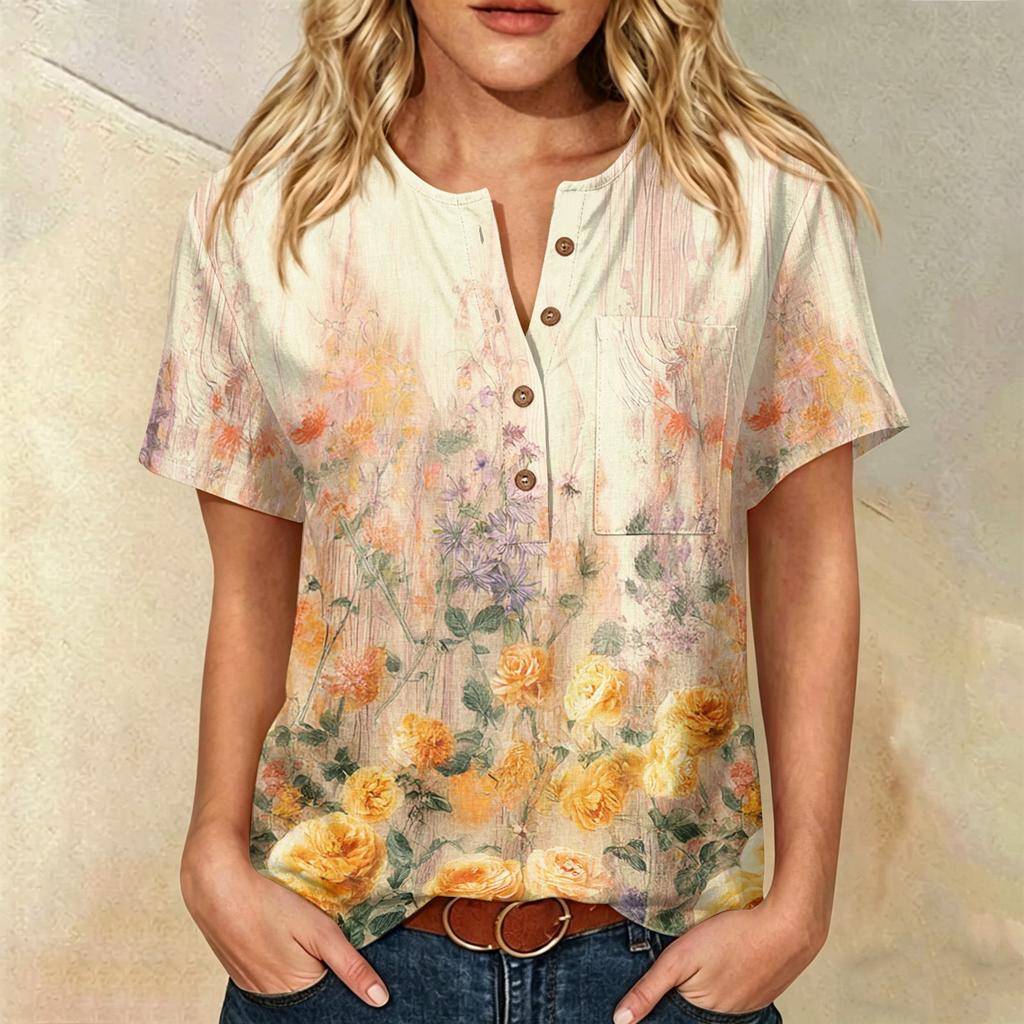 Camicia Casual da Donna con Stampa, Collo Henley, Manica Corta, Cotone e Lino, Tasca Frontale e Bottone, Vestibilità Rilassata