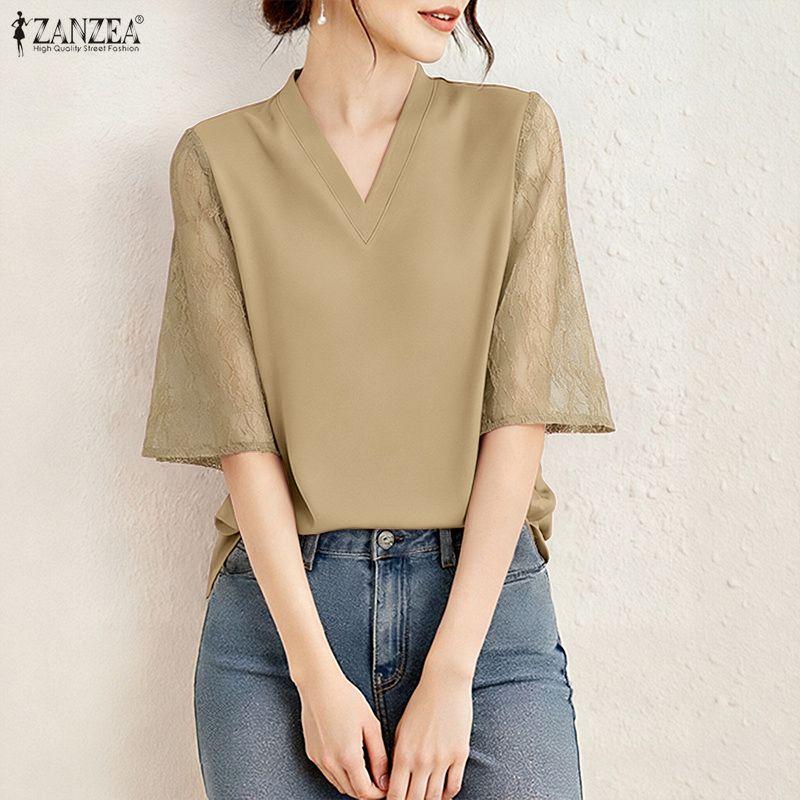 ZANZEA Women Casual V-Neck Lace Splice 3/4 Sleeve Blouse