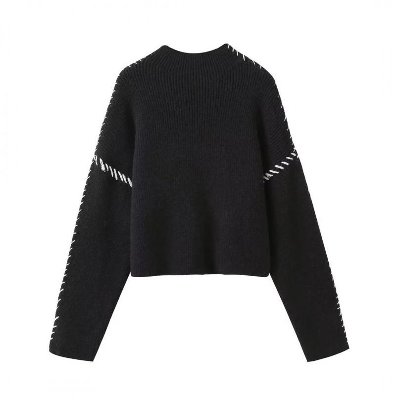Womens Knit Sweater Round Neck Warm Layered Color Block Chic Pullover Casual Long Sleeve Top M6221