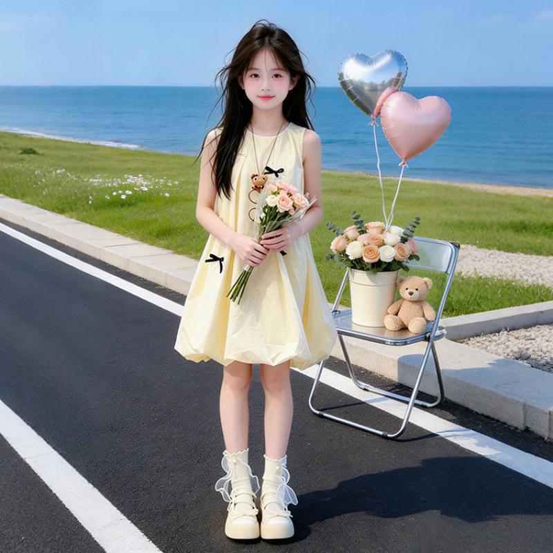 Girls Sleeveless Summer 2026 Bud Dress - Big Kids Mid-Length Skirt 140 cm абрикосовый
