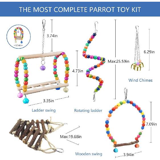 22 Packs Bird Parakeet Cockatiel Toys,Parrot Swing Chewing Hanging Toy with Safe Bells,Bird cage Colorful Climbing Standing Rope Natural Wood Ladder