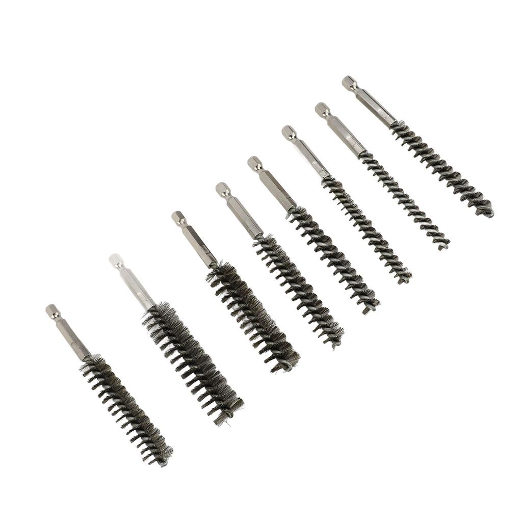 8PCS Pipe Brush 304 Stainless Steel Hex Shank Bore Cleaning Brushes Set for Deburring