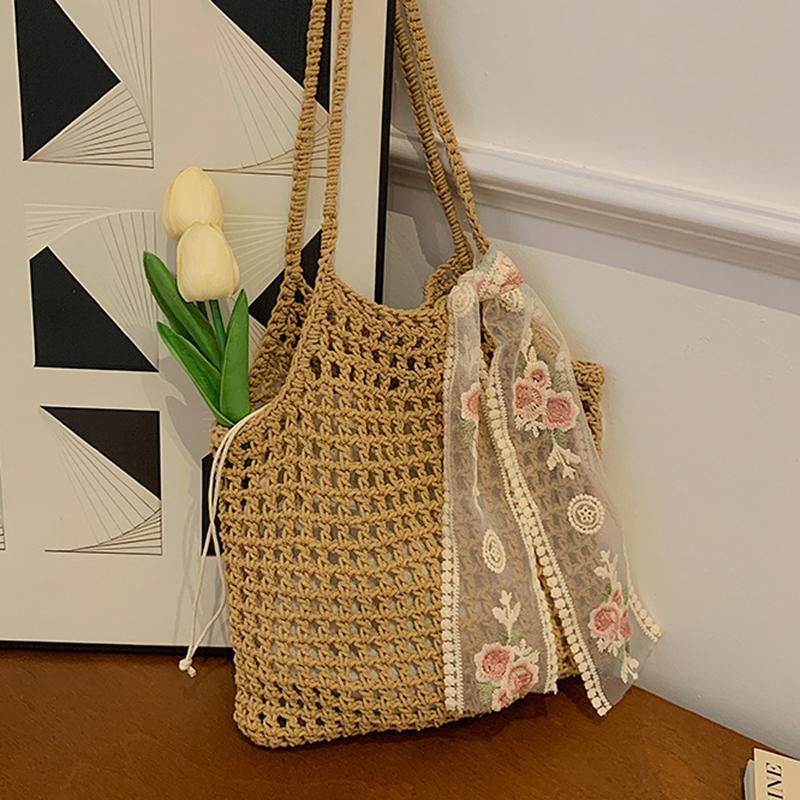 Summer Hollow Woven Shoulder Bags Women's New Casual Beach Bag Versatile Lace Design Commuting Shoulder Tote Bag AVE