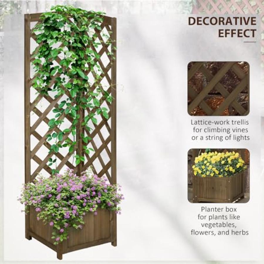 Bac à Fleurs Surélevé en Bois avec Treillis 57 Jardinière d'Angle Autoportante pour Plantes Grimpantes Fleurs Grimpantes et Plantation Carboniz