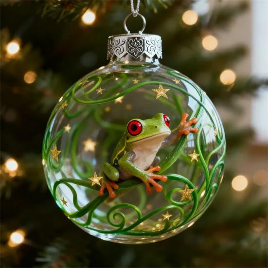 Frog Christmas Ornament Clear Plastic Xmas Hanging Ball with 3D Frog Ornament Holiday Keepsake