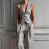 Women Two Piece Vest Pants Suit V Neck Sleeveless Button Waistcoat High Waist Pleated Wide Leg Trousers Business Office Outfit