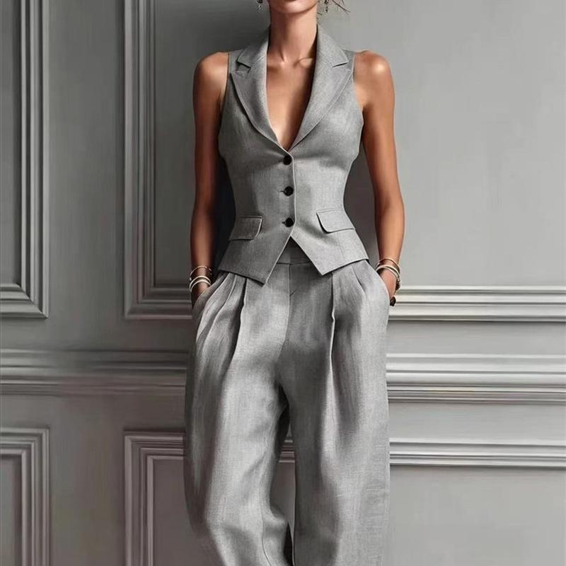 Women Two Piece Vest Pants Suit V Neck Sleeveless Button Waistcoat High Waist Pleated Wide Leg Trousers Business Office Outfit