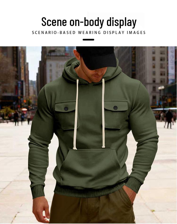 Men's American Style Heavyweight Plus Velvet Hooded Outdoor Workwear Sweatshirt - Multi-Pocket, Long Sleeve, Autumn/Winter Warmth