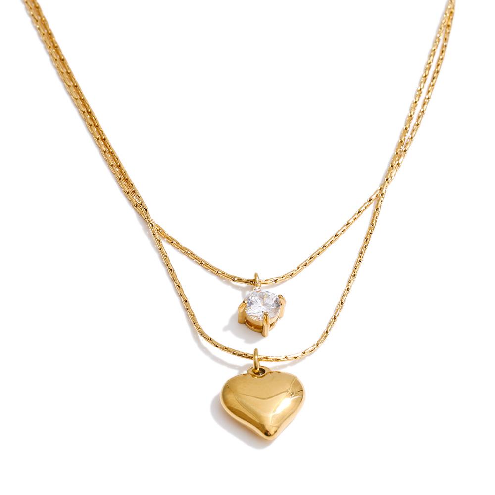

Yhpup Stainless Steel Double-Layer Cubic Zirconia Heart Drop Overlay Necklace Valentine s Day Gift Popular Chic Neck Jewelry