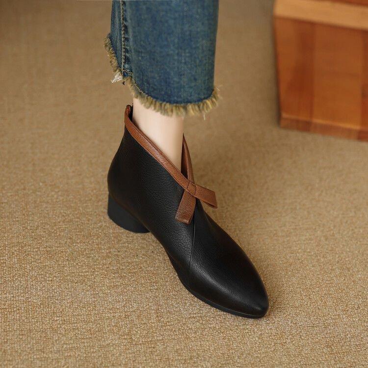 Französischer Premium-Sinn V-Ausschnitt kleine Stiefeletten Schleife Samt kurze Martin-Stiefel Damen Herbst und Winter weiches Leder weiche Sohle dünne Stiefel