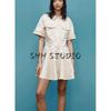 Spring New Women's Clothing French Style Retro Lapels Short Sleeve Back Pleated Wide Hem Short Dress 4661328
