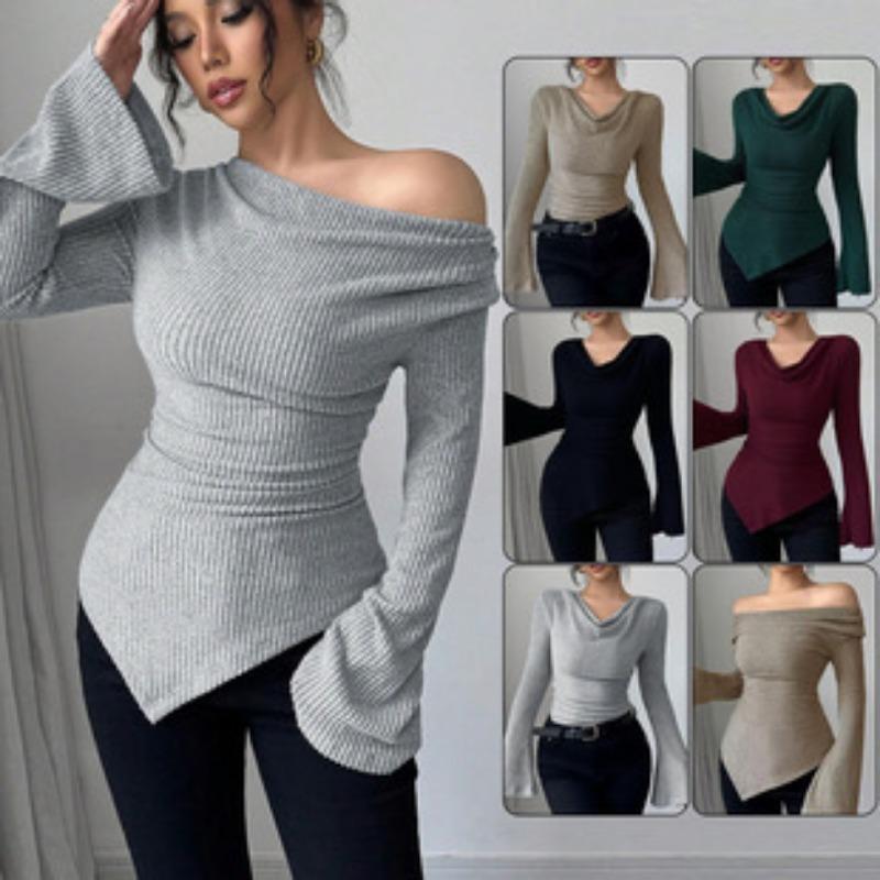 Women Solid Off Shoulder Slim Fit Ribbed Knit Long Sleeve Commute Bottoming Top
