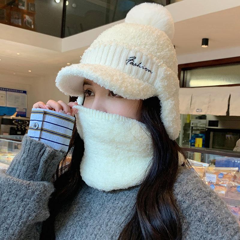 Letter Embroidery Plush Ear Protector Cap Women's Autumn and Winter Scarf Cover Cycling Warm Skiing Knitted Wool Cap
