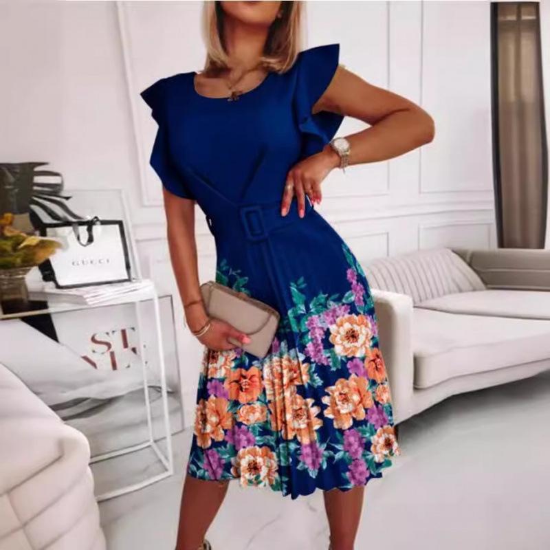 European & American Women's Ruffled Round Neck Dress with Printed Fitted Waist