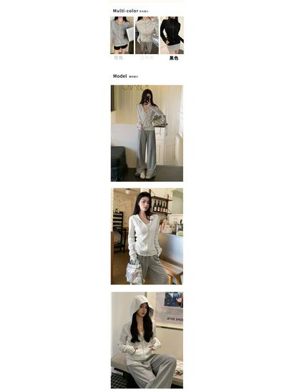 Grauer Kapuzen-Cardigan im koreanischen Stil für Damen, schmale Passform, lange Ärmel, tailliert, vielseitige Jacke
