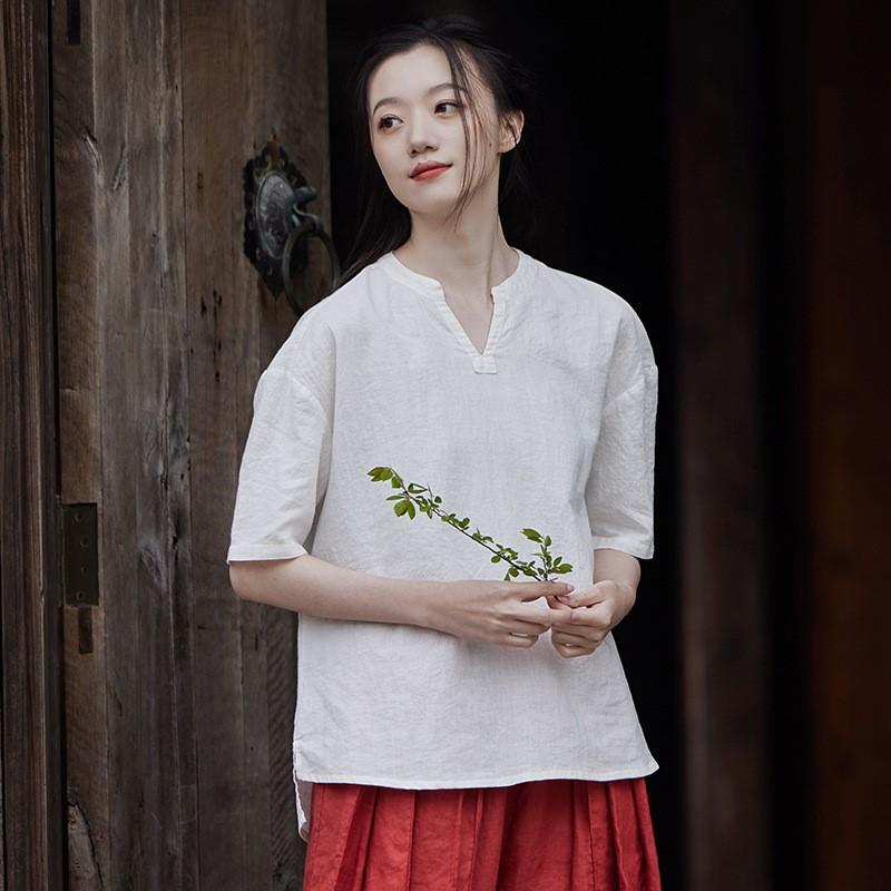 Johnature Damen Vintage T-Shirts aus Baumwolle und Leinen, einfarbig, Sommer-T-Shirts, V-Ausschnitt, kurzärmelig