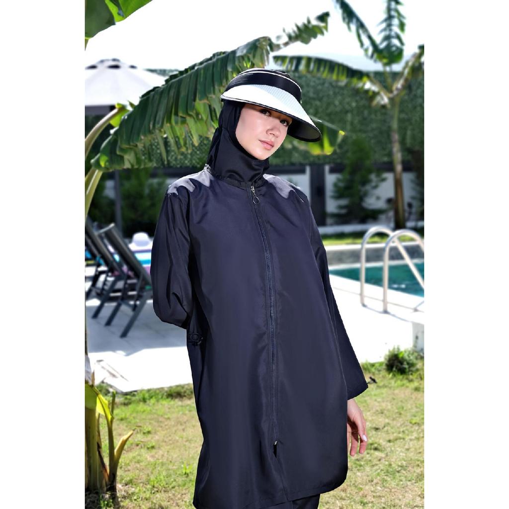 Schwarzer, vollständig bedeckter, wasserabweisender, schnell trocknender Hijab-Badeanzug mit seitlich verstellbarem Reißverschluss